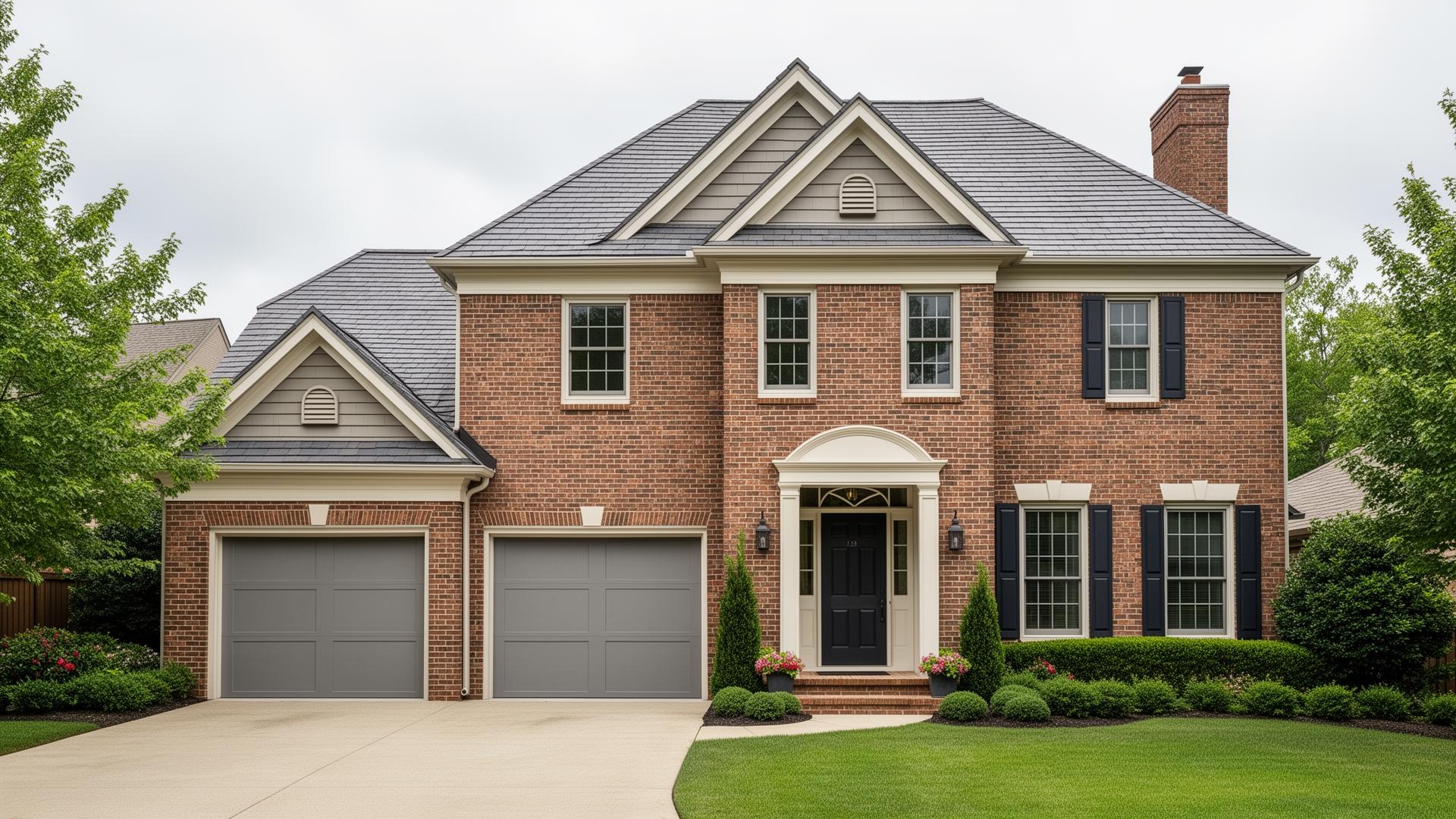 Beautiful colonial home with modern flush panel steel garage doors in Osteen, Florida